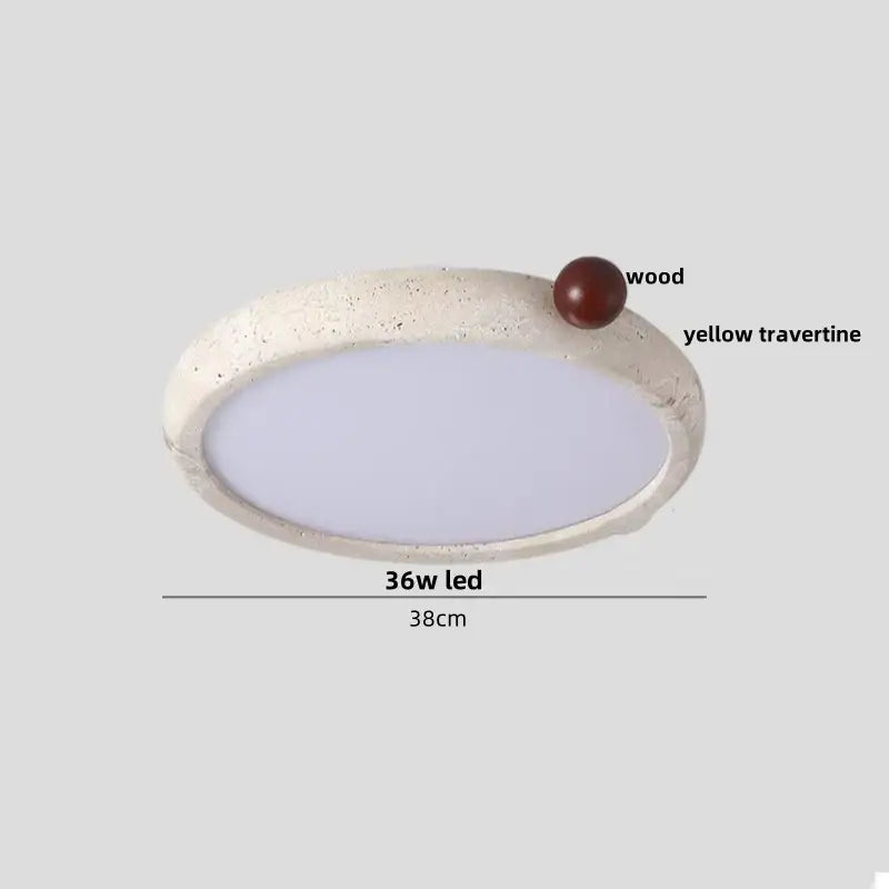 Beige speckled stone led ceiling light with textured white concrete frame, yellow travertine accent, and polished wood sphere top