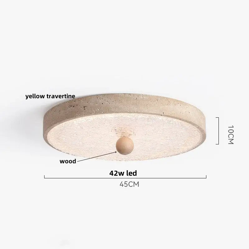 Beige speckled stone decorbites led ceiling light with textured yellow travertine ring and central wooden sphere, 42w oval pe shade