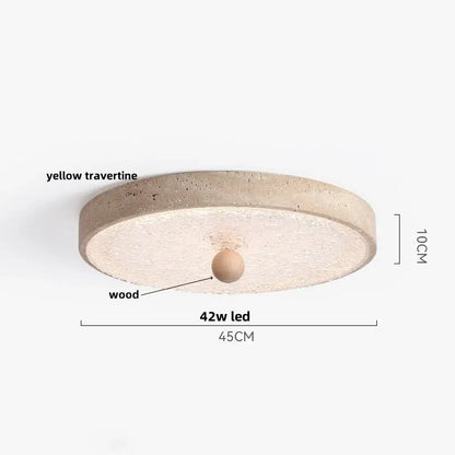 Beige speckled stone decorbites led ceiling light with textured yellow travertine ring and central wooden sphere, 42w oval pe shade