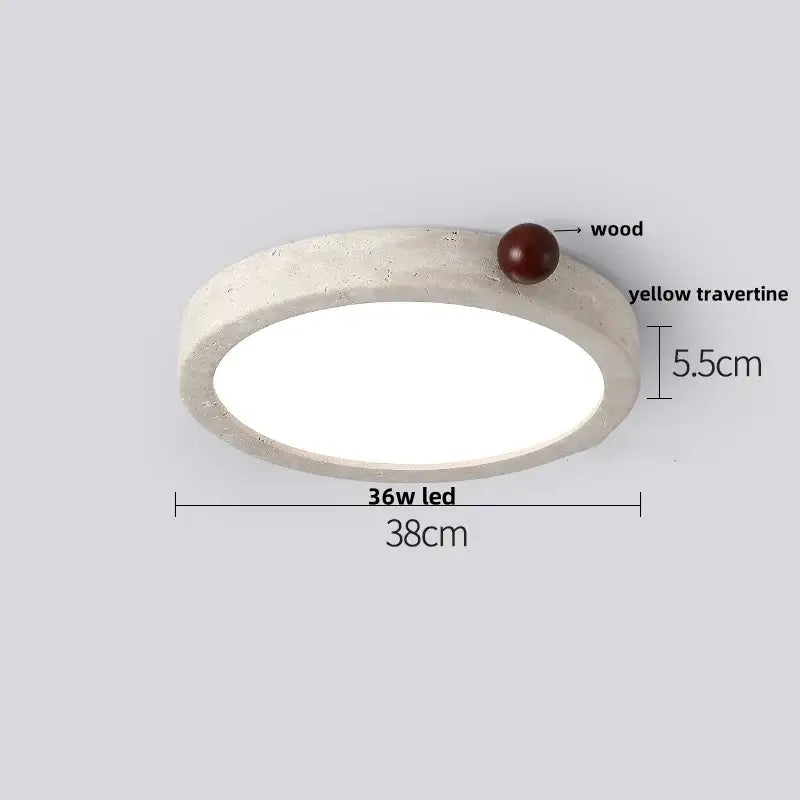 Beige speckled stone led ceiling light with textured white travertine ring and dark wood sphere by decorbites led ceiling