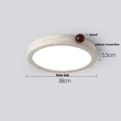 Beige speckled stone led ceiling light with textured white travertine ring and dark wood sphere by decorbites led ceiling