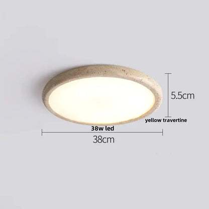 Beige speckled stone led ceiling light with a textured yellow travertine frame and illuminated led panel by decorbites