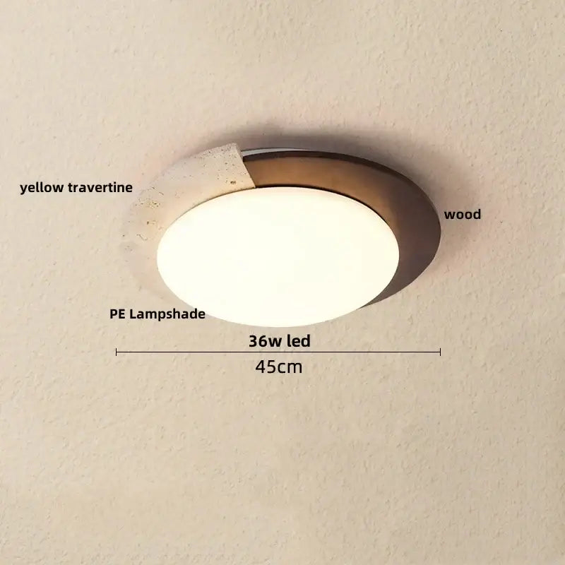 Beige speckled stone led ceiling light with oval warm white pe shade framed by bronze wood ring and yellow travertine accent