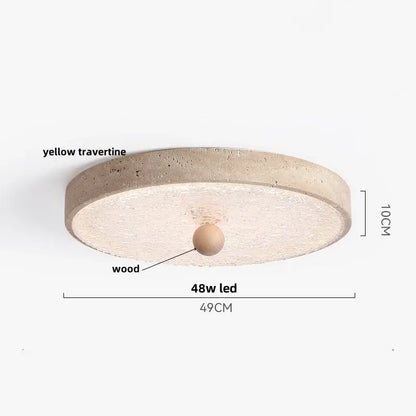Beige speckled stone led ceiling light with a textured yellow travertine top wood base and central wooden sphere decorbites led ceiling