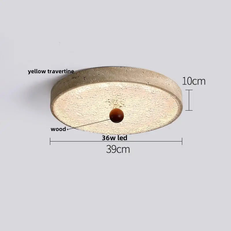 Beige speckled stone led ceiling light with textured yellow travertine wood composite and dark brown spherical accent