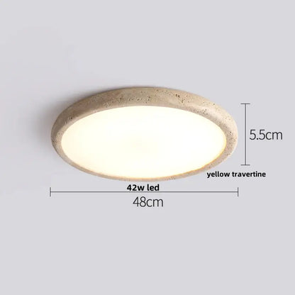 Beige speckled stone led ceiling light with textured yellow travertine frame and warm diffused white led glow by decorbites