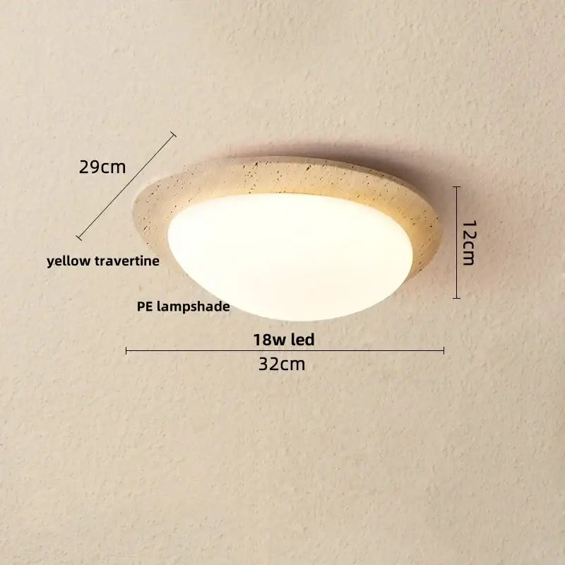 Beige speckled stone led ceiling light with yellow travertine ring and white pe lampshade decorbites led ceiling fixture
