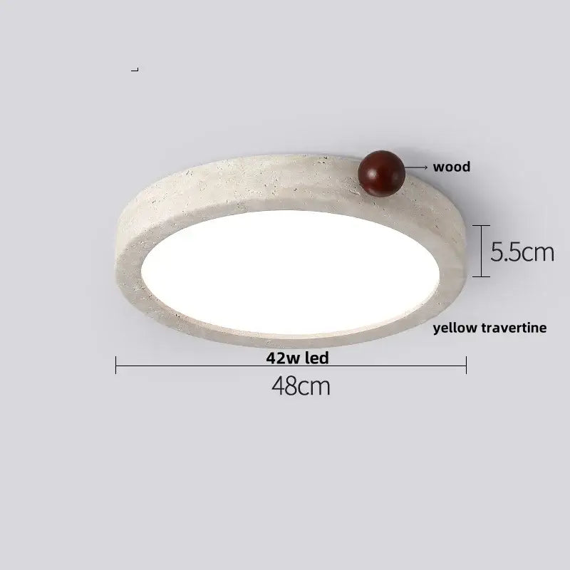 Beige speckled stone led ceiling light with a yellow travertine frame and dark wood sphere for bedroom decorbites led ceiling