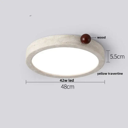 Beige speckled stone led ceiling light with a yellow travertine frame and dark wood sphere for bedroom decorbites led ceiling