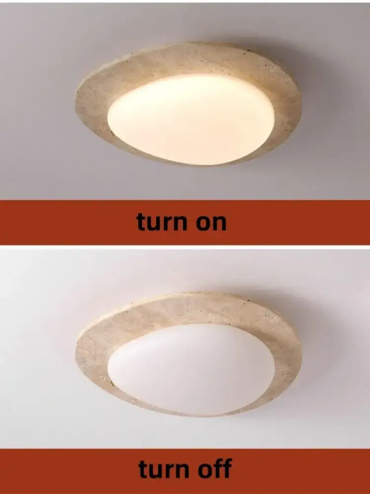 Beige speckled stone led ceiling light with oval textured concrete frame and white diffuser for bedroom decorbites led ceiling