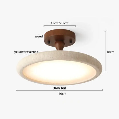 Beige speckled stone led ceiling light with warm glow, oval yellow travertine shade and dark wood mount from decorbites led ceiling