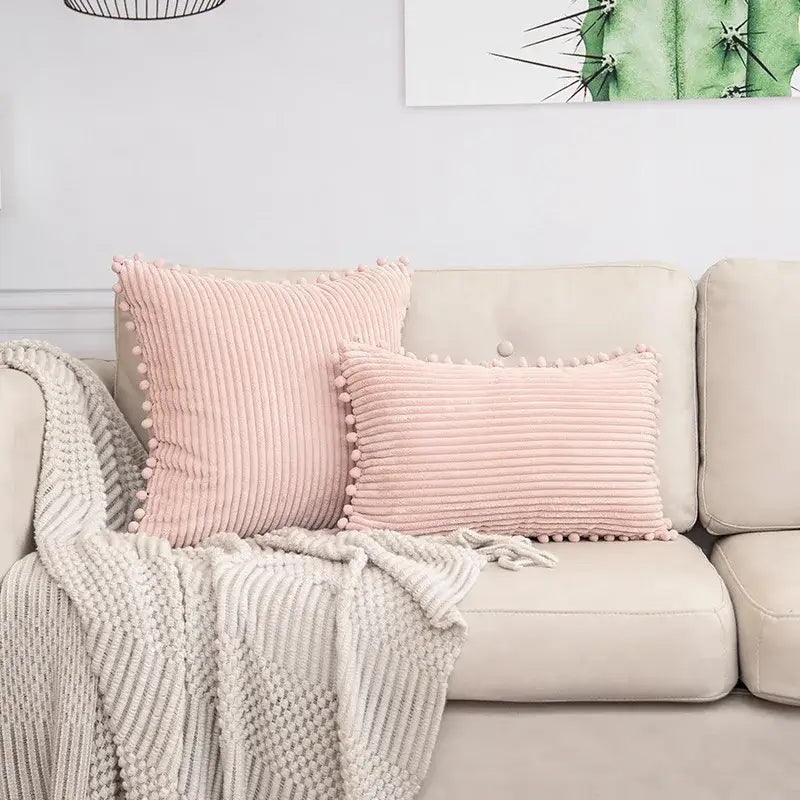 Pink corduroy throw pillows with pom pom trim complement decorbites beige striped cushion cover living room lumbar decor
