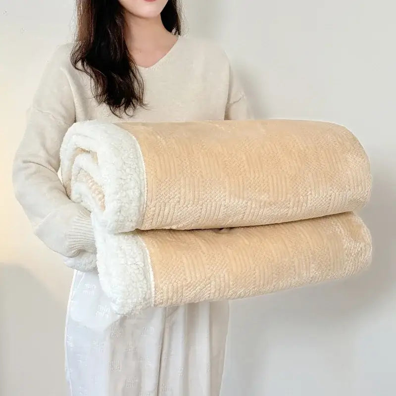 Beige textured cozy lamb wool blanket with ribbed fleece pattern for living room sherpa throw decorbites cozy lamb