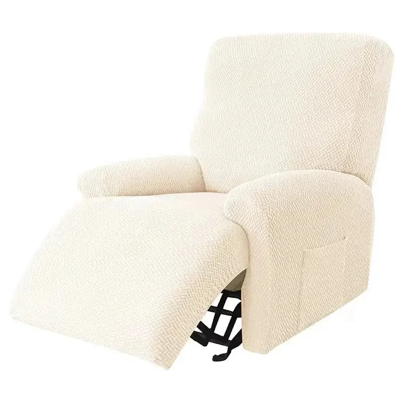 Beige textured elastic cream-colored sofa cover with herringbone pattern for living room recliners and accent chairs