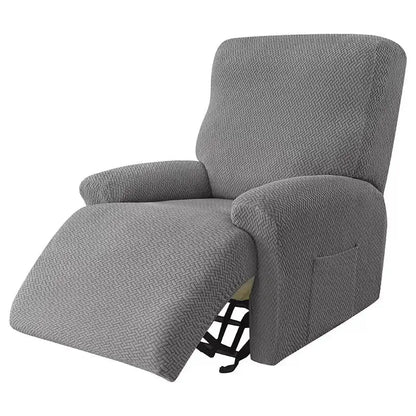 Gray herringbone-patterned stretch recliner cover for accent chairs and sofa cover in a living room setting