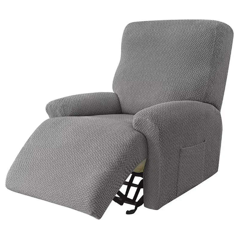 Gray herringbone-patterned stretch recliner cover for accent chairs and sofa cover in a living room setting