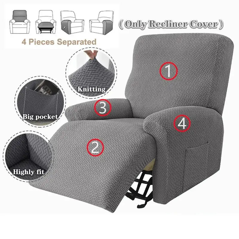 Beige textured elastic sofa cover with gray herringbone knit recliner cover featuring big pocket for accent chairs