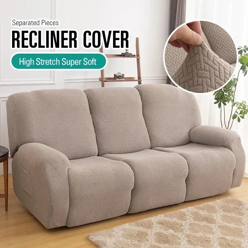 Beige textured elastic sofa cover made of super soft high-stretch fabric for living room recliners and accent chairs