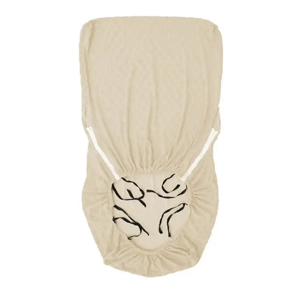 Beige textured jacquard elastic seat covers with black embroidered leaf pattern and white elastic straps for decorbites seat covers