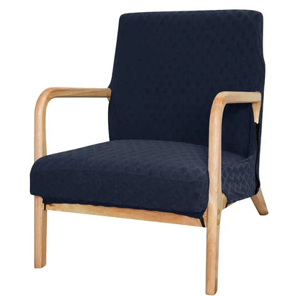 Navy blue quilted fabric armchair with light wood frame featuring beige textured jacquard elastic seat covers decorbites