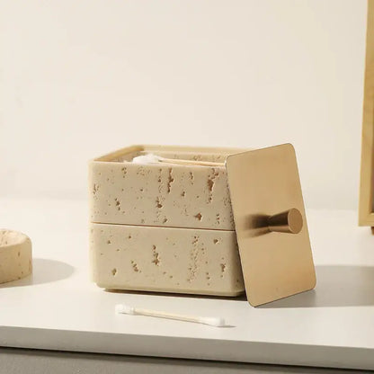 Beige textured natural stone double decker jewelry organizer with brushed gold lid and handle for bathroom use