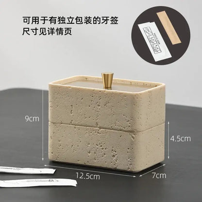 Beige textured natural stone double decker jewelry organizer with a gold-toned knob toothpick holder for bathroom use