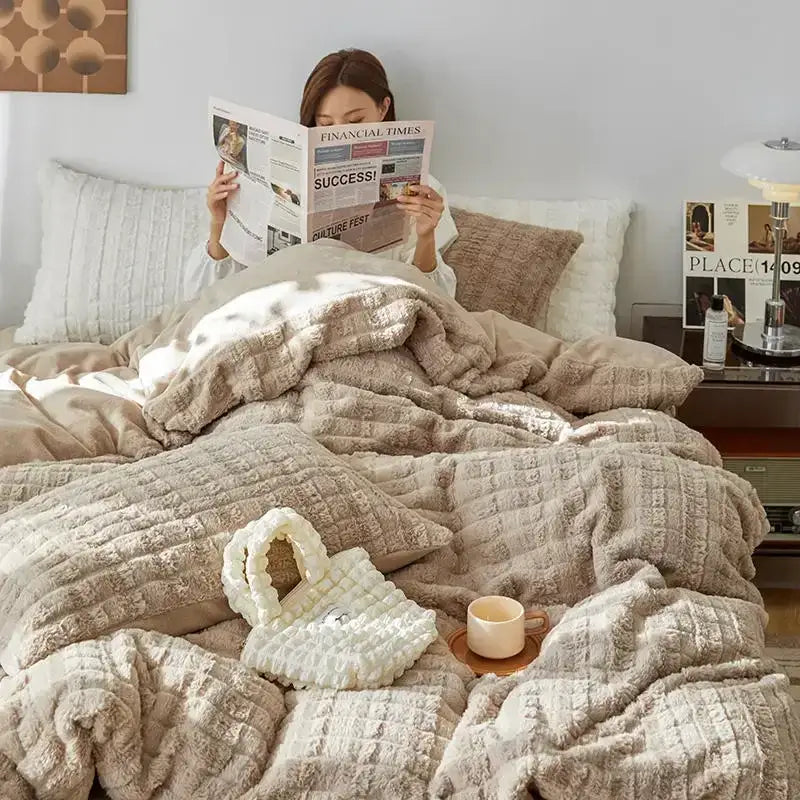 Beige textured quilted rabbit velvet bedding set with cream-colored plush fabric for decorbites cozy rabbit comfort