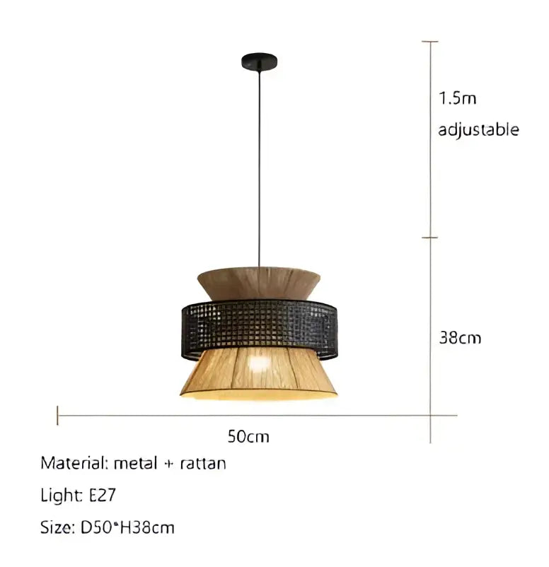 Beige tiered pendant light with black metal frame woven rattan shades and handmade hemp rope by decorbites for dining room decor