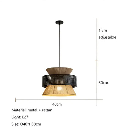 Beige tiered handmade hemp rope pendant light with woven rattan shades and black metal decorbites handmade hemp design