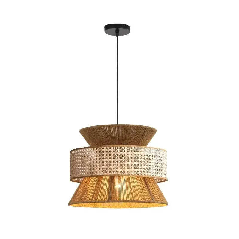 Beige tiered pendant light with handmade hemp rope and natural rattan shades by decorbites for dining room decor
