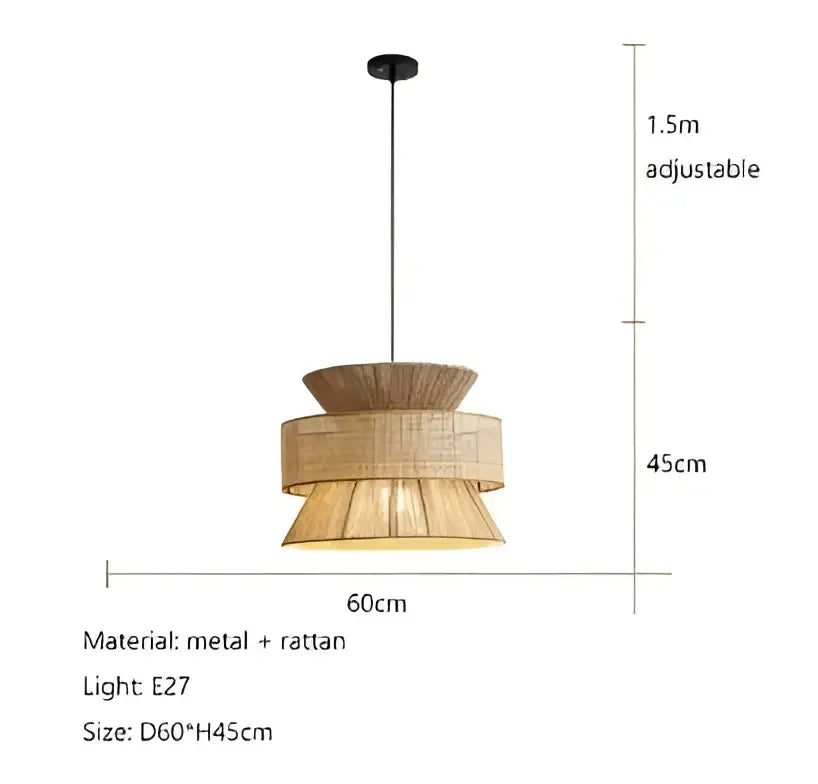 Beige tiered handmade hemp rope pendant light with natural rattan and metal accents by decorbites for dining room decor