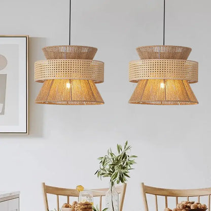 Beige tiered handmade hemp rope pendant light with natural-toned woven rattan for dining room decorbites handmade hemp