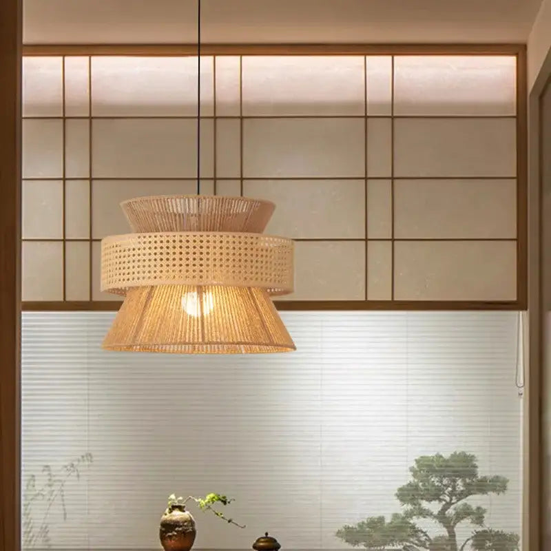 Beige tiered pendant light with handmade hemp rope and woven rattan decorbites handmade hemp for dining room decor