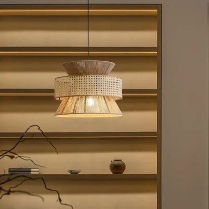 Beige tiered handmade hemp rope pendant light with woven rattan design and warm glow for dining room decorbites handmade hemp