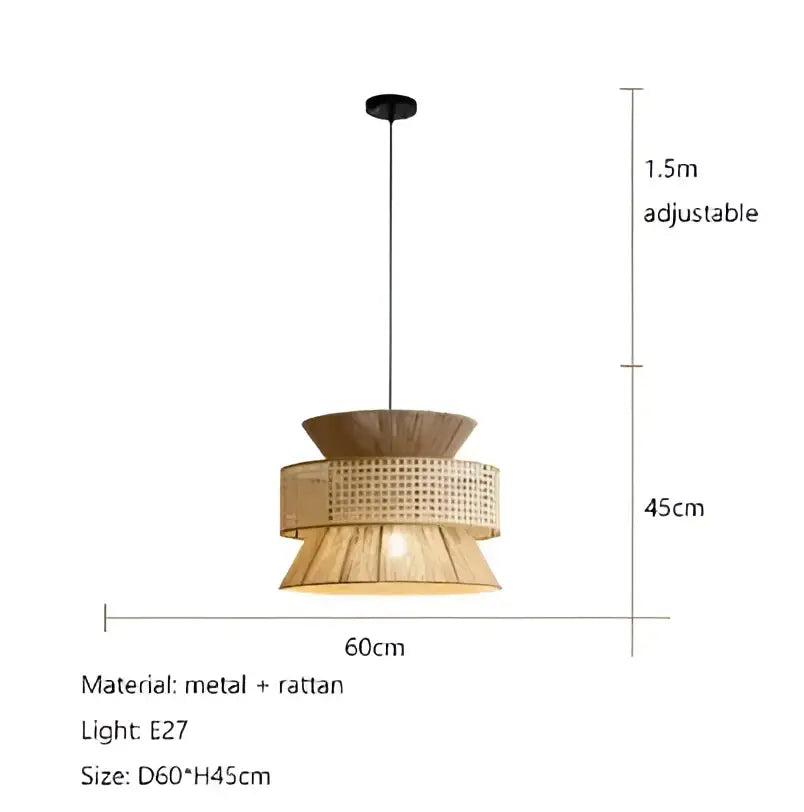 Beige tiered pendant light with handmade hemp rope shades and metal accents by decorbites with adjustable hanging length