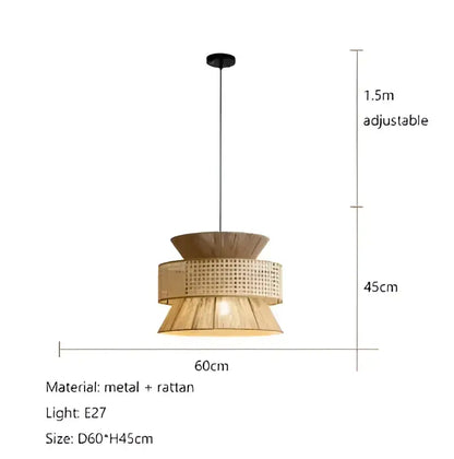 Beige tiered pendant light with handmade hemp rope shades and metal accents by decorbites with adjustable hanging length