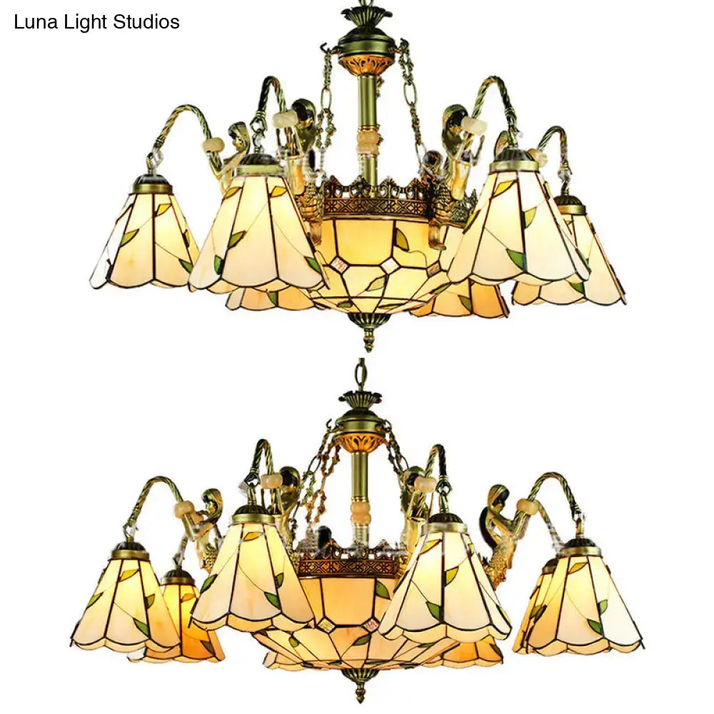 Decorbites™ beige tiffany cut glass pendant chandelier with brass metalwork and stained glass conical hanging light shades