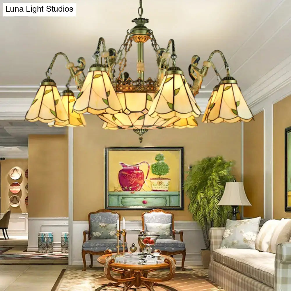 DecorBites beige Tiffany cut glass pendant chandelier with amber and green stained glass shades and brass chains conical hanging light