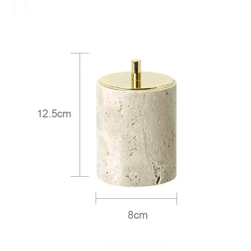 Beige travertine marble cylindrical stone jar with polished gold lid and knob from decorbites beige travertine bathroom set