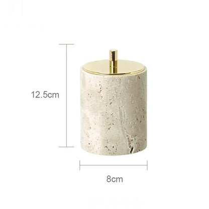 Beige travertine marble cylindrical stone jar with polished gold lid and knob from decorbites beige travertine bathroom set