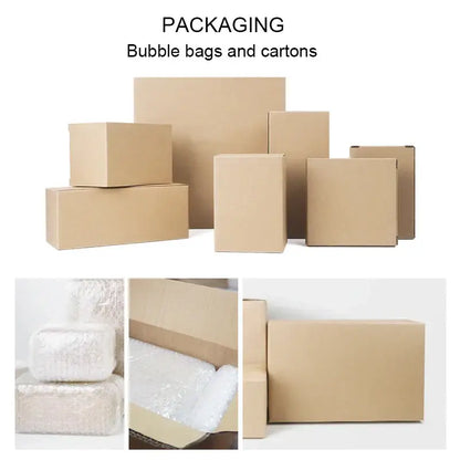 Brown cardboard boxes of various sizes wrapped in bubble wrap containing decorbites beige travertine marble bathroom accessories set