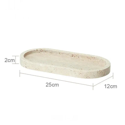 Beige travertine marble oval tray with speckled texture and rounded edges in decorbites beige travertine bathroom set