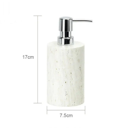 Beige travertine marble cylindrical soap dispenser with chrome pump from decorbites beige travertine bathroom set