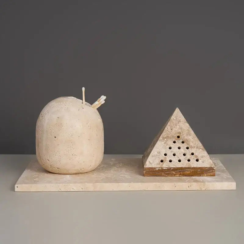 Beige travertine marble incense holder shaped like a stone apple with textured surface and wooden matches for decorbites beige travertine