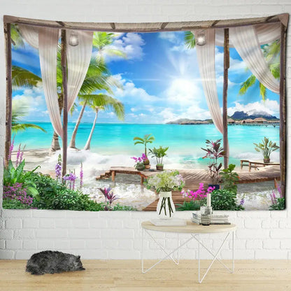 Beige and white curtain-bordered tapestry featuring a coconut forest sea view for bedroom wall decor