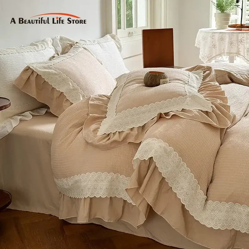 Beige bedding set with delicate white lace ruffles featuring a bedroom duvet cover for elegant decor