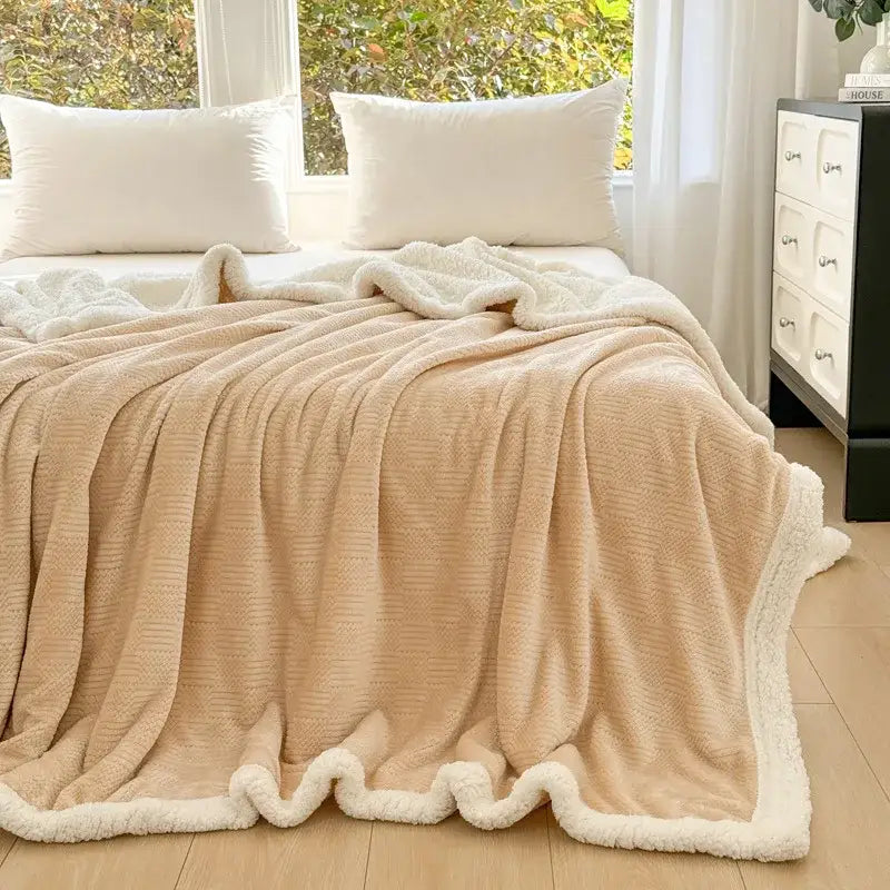 Beige and white ribbed coral fleece jacquard blanket with soft plush surface and contrasting sherpa trim edges