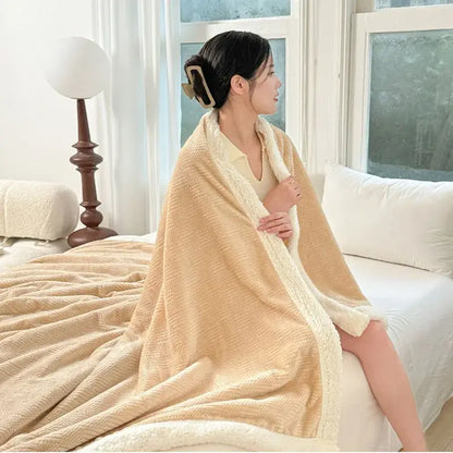 Beige and white ribbed coral fleece jacquard blanket with plush textured outer surface and cream fleece lining for bedroom use