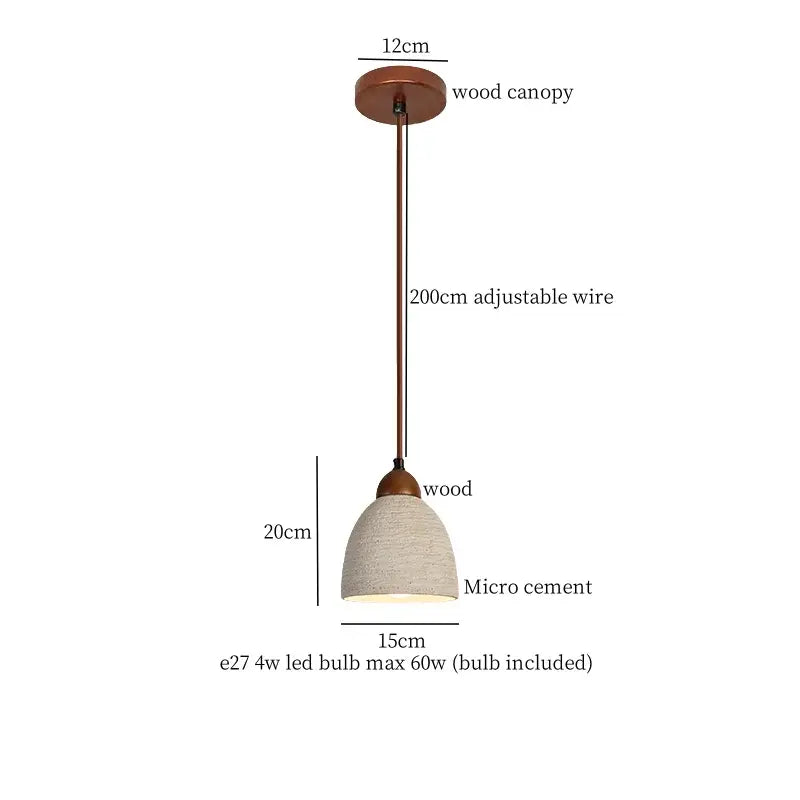 Beige wood grain columnar micro cement pendant light with textured off-white shade and wooden canopy for kitchen decorbites pendant lights