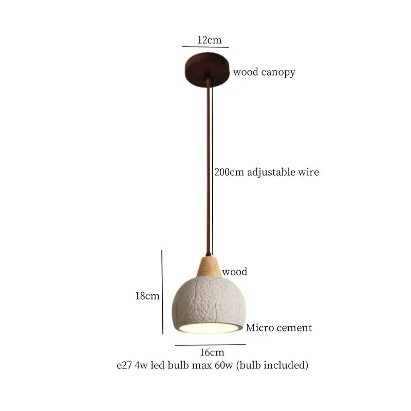 Beige wood grain columnar micro cement pendant light with textured off-white shade and wooden canopy for kitchen decorbites decor